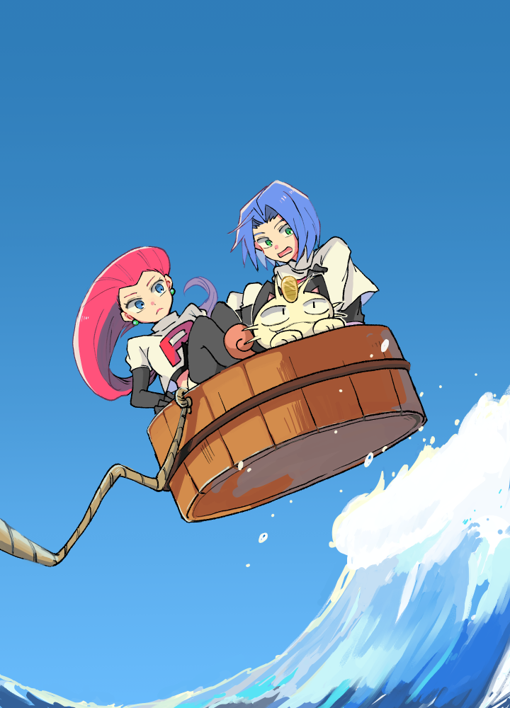 1boy 1girl atsumi_yoshioka barrel black_gloves blue_background blue_eyes blue_hair closed_mouth commentary_request earrings elbow_gloves gloves green_eyes hair_slicked_back james_(pokemon) jessie_(pokemon) jewelry long_hair looking_at_viewer looking_to_the_side meowth ocean open_mouth pokemon pokemon_(anime) pokemon_(creature) redhead shirt short_hair smile team_rocket team_rocket_uniform water water_drop white_shirt