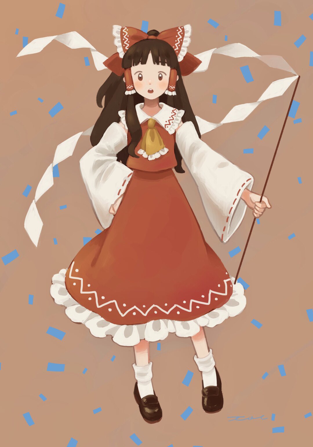 1girl ascot bangs blunt_bangs bobby_socks bow brown_eyes brown_footwear brown_hair chestnut_mouth confetti detached_sleeves dot_nose frilled_bow frilled_skirt frills full_body gohei hair_bow hair_tubes hakurei_reimu highres holding long_hair mary_janes red_background red_bow red_shirt red_skirt shirt shoes signature skirt skirt_set sleeveless sleeveless_shirt socks toe_miyama touhou wide_sleeves yellow_ascot