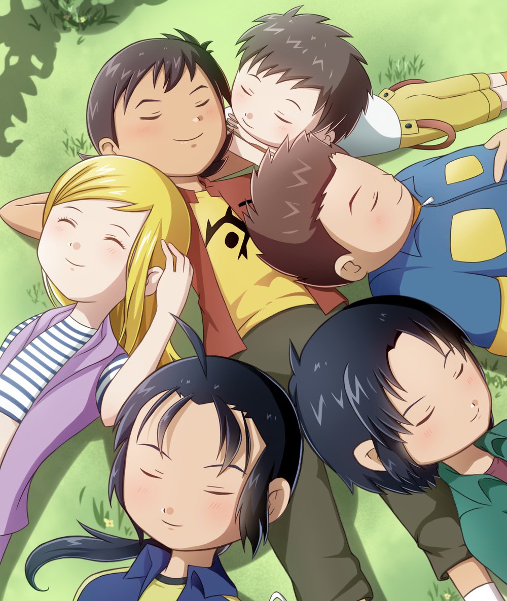 1girl 5boys black_hair blonde_hair blue_shirt brown_hair child closed_eyes closed_mouth collared_shirt commentary_request digimon digimon_frontier feet_out_of_frame green_shirt himi_tomoki kanbara_takuya kimura_kouichi lying medium_hair minamoto_kouji multiple_boys on_back on_grass orange_socks orimoto_izumi outdoors paqaaaa pink_vest red_shirt shibayama_junpei shirt short_hair shorts sleeping socks striped striped_shirt suspender_shorts suspenders very_short_hair vest white_socks yellow_shirt yellow_shorts