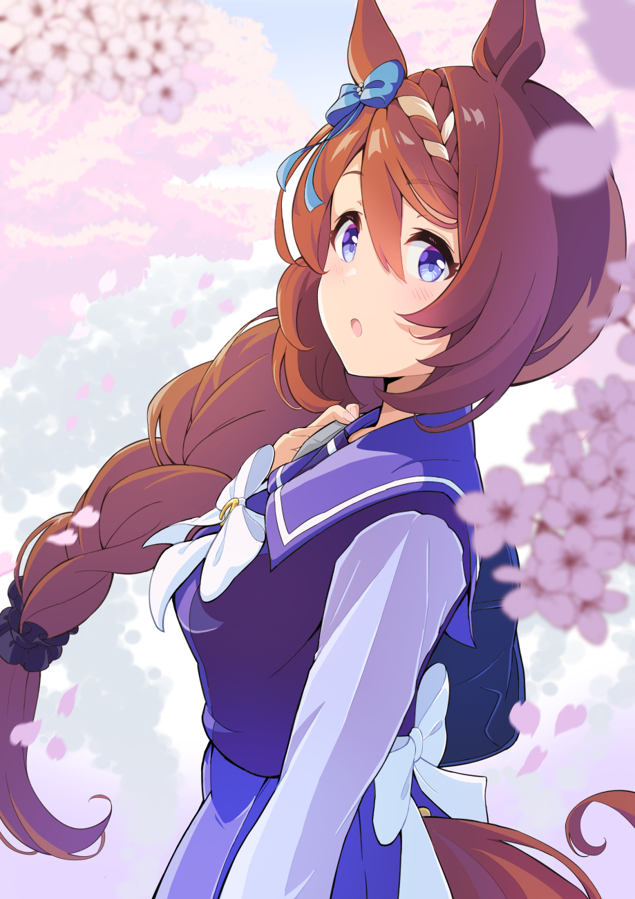 1girl :o animal_ears bag bangs blue_eyes blush braid braided_ponytail branch breasts brown_hair cherry_blossoms crown_braid hair_ornament hair_scrunchie hand_up highres horse_ears horse_girl horse_tail long_hair long_sleeves looking_at_viewer low_ponytail medium_breasts petals purple_shirt purple_skirt sailor_collar school_bag school_uniform scrunchie shiromaru_illust shirt skirt solo super_creek_(umamusume) tail tail_through_clothes tracen_school_uniform umamusume upper_body