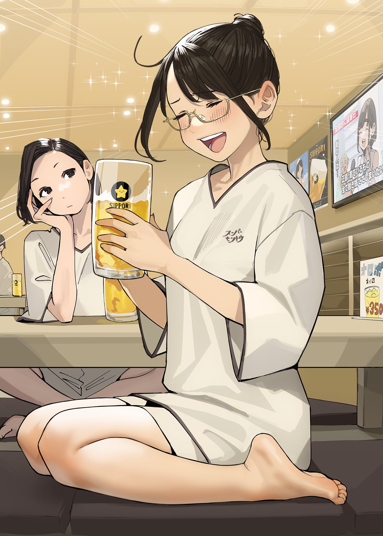 1boy 3girls :d ahoge alcohol barefoot beer beer_mug blush brown_eyes brown_hair closed_eyes commentary_request cup douki-chan_(douki-chan) drunk feet forehead ganbare_douki-chan glasses highres holding holding_cup intern_(douki-chan) kouhai-chan_(douki-chan) mug multiple_girls open_mouth senpai-san_(douki-chan) shirt short_hair shorts sitting smile soles sparkle t-shirt teeth toes upper_teeth wariza yomu_(sgt_epper)