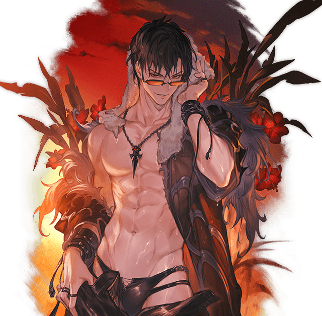 1boy belial_(granblue_fantasy) black_hair black_swimsuit contrapposto granblue_fantasy jewelry looking_at_viewer male_focus male_swimwear minaba_hideo navel necklace no_nipples off-shoulder_jacket off_shoulder official_alternate_costume official_art parted_lips red_eyes solo sunglasses sunset swim_briefs swimsuit wet zipper_panties