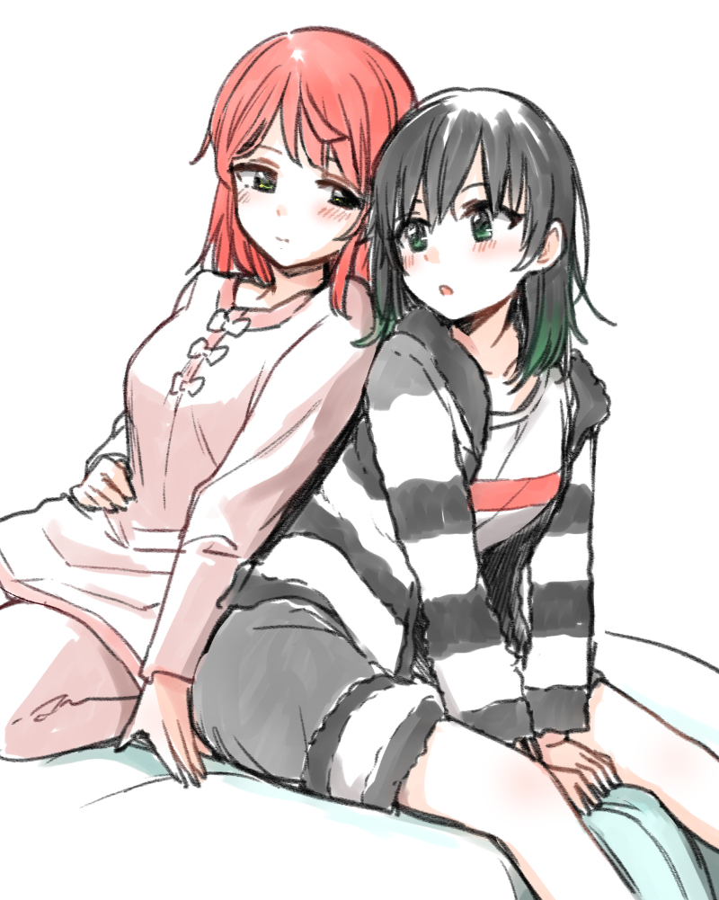 2girls animal_print bed bed_sheet between_legs black_hair blush breasts closed_mouth commentary_request gradient_hair green_eyes green_hair hair_down hand_on_own_stomach itsuki_kuro leaning_on_person leaning_to_the_side looking_at_another looking_back looking_to_the_side love_live! love_live!_nijigasaki_high_school_idol_club medium_breasts medium_hair multicolored_hair multiple_girls open_mouth outside_border pajamas pink_hair seductive_smile shirt sitting smile streaked_hair striped striped_shirt takasaki_yuu two-tone_hair uehara_ayumu white_background yuri zebra_print
