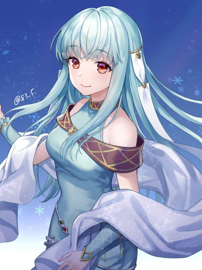 1girl aqua_dress aqua_hair bare_shoulders belly_chain blue_background cowboy_shot detached_sleeves dress fire_emblem fire_emblem:_the_blazing_blade gradient jewelry long_dress long_hair ninian_(fire_emblem) red_eyes simple_background sleeveless sleeveless_dress smile snowflakes solo twitter_username veil white_background yamigo