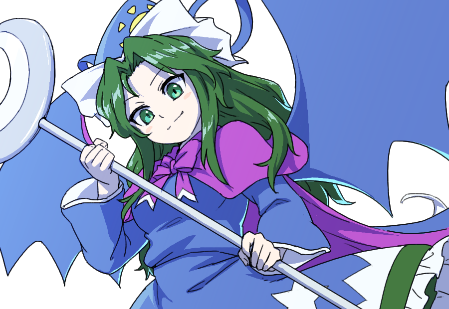 1girl bangs blue_dress blue_headwear blue_wings cape closed_mouth dress green_eyes green_hair itani_illust long_hair long_sleeves looking_at_viewer mima_(touhou) parted_bangs purple_cape simple_background solo staff star_(symbol) star_print sun_print touhou touhou_(pc-98) upper_body white_background wings