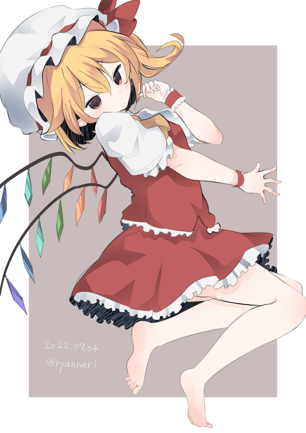 1girl artist_name barefoot blonde_hair closed_mouth commentary_request dated feet flandre_scarlet frilled_skirt frilled_sleeves frilled_vest frills grey_background hair_between_eyes hat highres medium_hair mob_cap multicolored_wings puffy_short_sleeves puffy_sleeves rainbow_order rainbow_wings red_ribbon red_skirt red_vest ribbon ribbon-trimmed_headwear ribbon_trim ryannari shirt short_sleeves simple_background skirt skirt_set solo touhou v-shaped_eyebrows vest white_headwear white_shirt wings wrist_cuffs