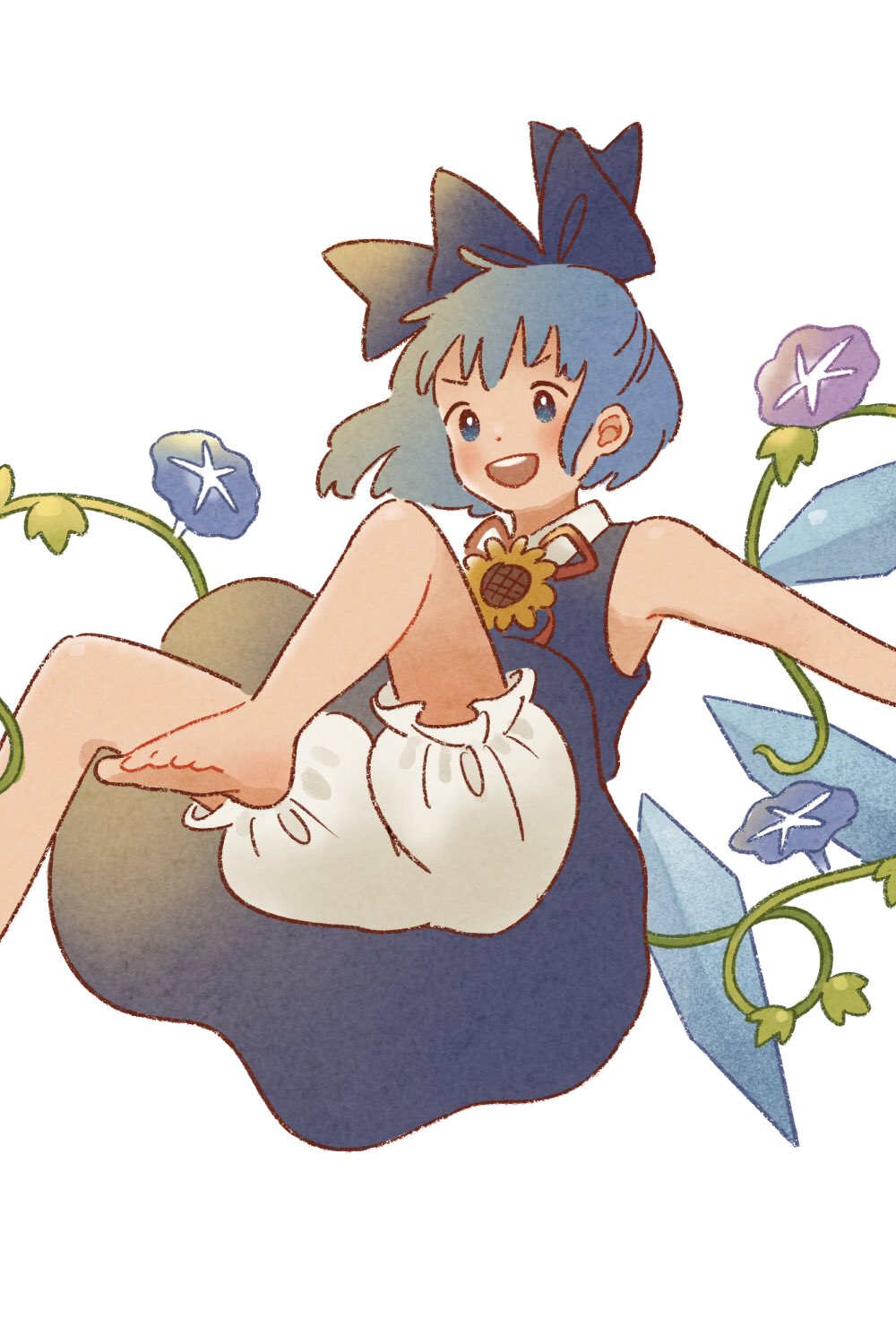 1girl :d bloomers blue_bow blue_dress blue_eyes blue_hair bow cirno dot_nose dress flower hair_bow highres morning_glory open_mouth outstretched_arms plant short_hair sleeveless sleeveless_dress smile spread_arms teeth toe_miyama touhou underwear upper_teeth v-shaped_eyebrows vines