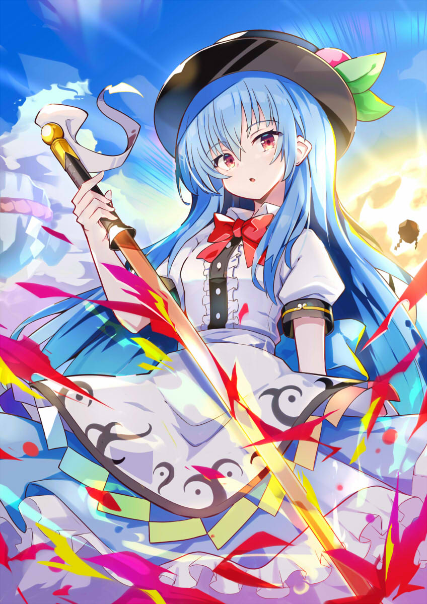 1girl back_bow bangs belt black_headwear blue_bow blue_hair blue_skirt blue_sky blush bow bowtie breasts buttons clouds cloudy_sky collared_shirt dress_shirt eyes_visible_through_hair food frills fruit hair_ornament hand_up hat hat_ornament highres hinanawi_tenshi holding holding_weapon leaf long_hair looking_at_viewer medium_breasts omochishiki open_mouth peach puffy_short_sleeves puffy_sleeves rainbow red_bow red_bowtie red_eyes rock shirt short_sleeves skirt sky solo standing sun sword sword_of_hisou touhou weapon white_belt white_shirt