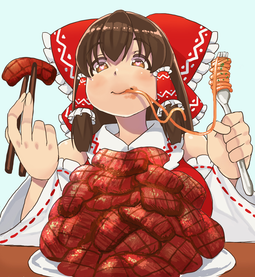 1girl bangs blue_background blush bow breasts brown_eyes brown_hair chopsticks closed_mouth collared_shirt commentary_request cookie_(touhou) detached_sleeves eating food fork frilled_bow frilled_hair_tubes frilled_shirt_collar frills hair_between_eyes hair_bow hair_tubes hakurei_reimu holding holding_chopsticks holding_fork kanna_(cookie) large_breasts long_hair meat mo-fu napolitan pasta red_bow red_shirt ribbon-trimmed_sleeves ribbon_trim shirt sidelocks sleeveless sleeveless_shirt smile solo spaghetti too_much_food touhou upper_body white_sleeves wide_sleeves