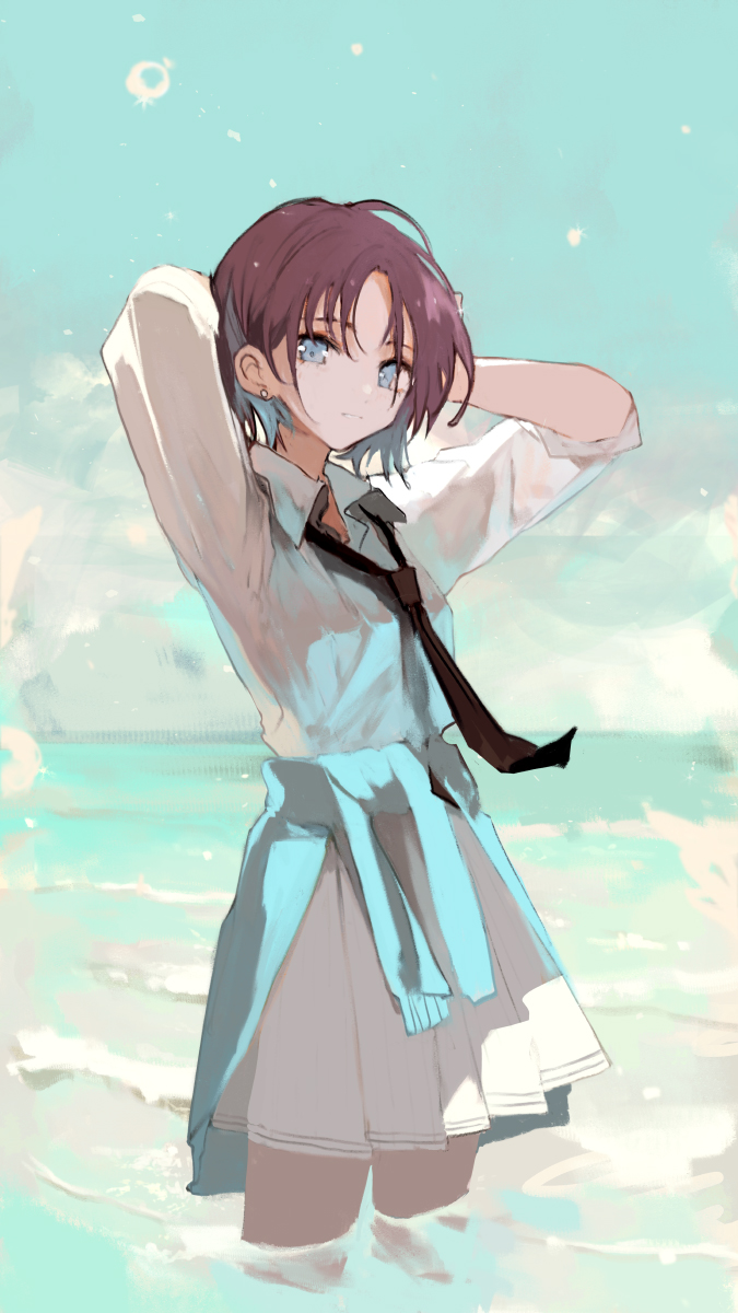 1girl arms_up asahiro asakura_toru black_necktie blue_eyes blue_hair closed_mouth collared_shirt commentary_request cowboy_shot day earrings highres idolmaster idolmaster_shiny_colors jewelry long_sleeves looking_at_viewer loose_necktie multicolored_hair necktie ocean outdoors pleated_skirt purple_hair school_uniform shirt short_hair skirt solo streaked_hair stud_earrings wading water white_shirt white_skirt