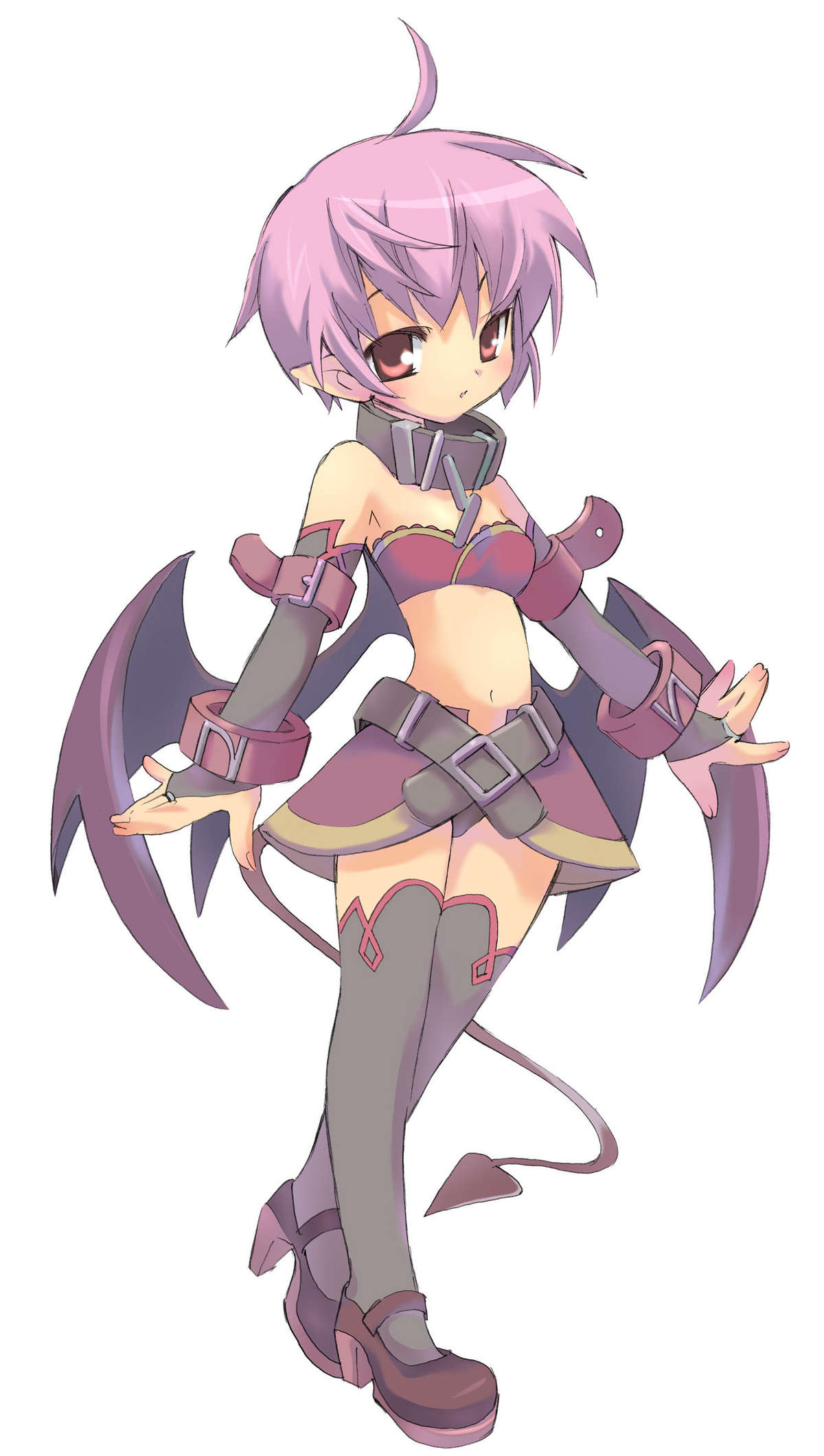 1girl ahoge blush pointy_ears purple_hair red_eyes short_hair solo succubus tail wings