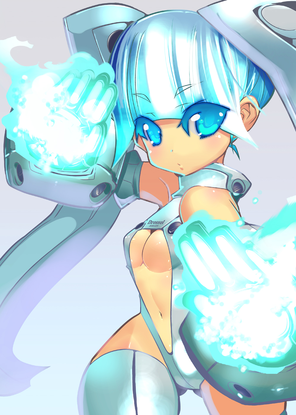 a-walk blue_eyes blue_hair breasts drossel_von_flugel fighting_stance fireball_(series) fujishima-01 highres midriff thighhighs twintails underboob