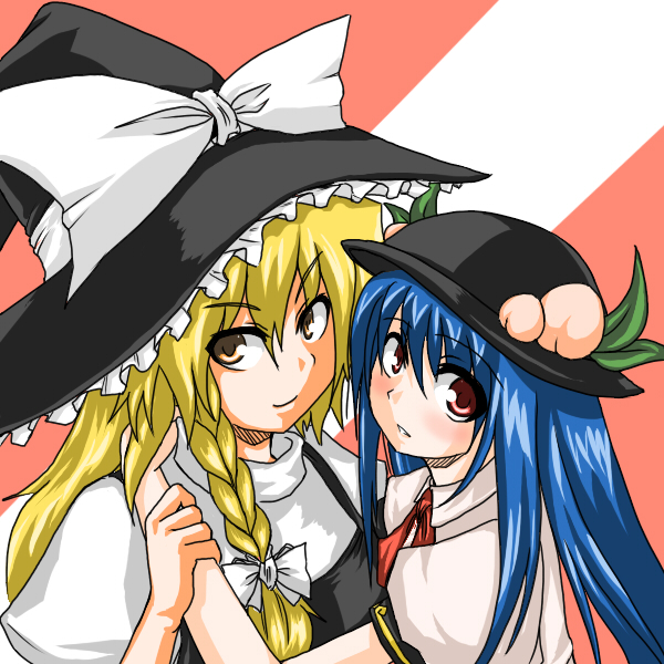 blonde_hair blue_hair blush bow braid food fruit galerie hat hinanawi_tenshi holding hug kirisame_marisa long_hair multiple_girls peach pull pulling red_eyes single_braid touhou witch_hat yellow_eyes