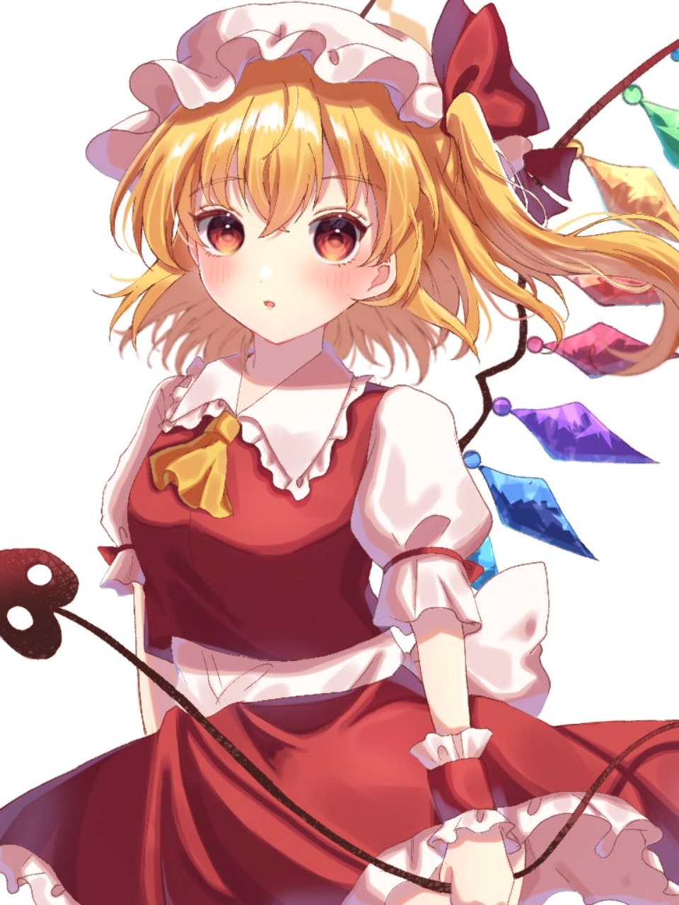 1girl :o ascot back_bow blonde_hair bow commentary_request cowboy_shot flandre_scarlet frilled_shirt_collar frilled_skirt frills hat highres holding holding_weapon laevatein_(touhou) medium_hair mob_cap multicolored_wings open_mouth orange_eyes puffy_short_sleeves puffy_sleeves red_skirt red_vest shirt short_sleeves side_ponytail simple_background siomi_403 skirt skirt_set solo touhou vest weapon white_bow white_headwear white_shirt wings wrist_cuffs yellow_ascot