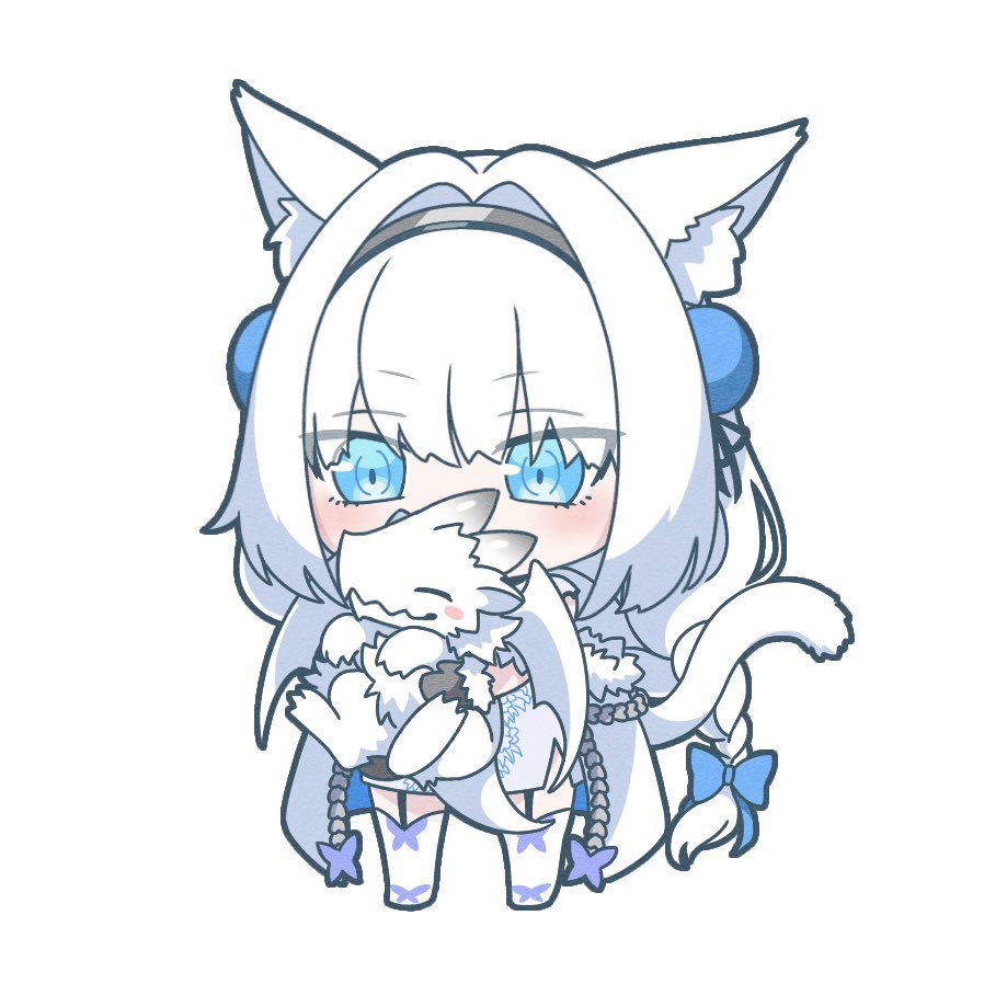 1girl animal animal_ears blue_eyes braid cape chibi dobrynya_nikitich_(dream_portrait)_(fate) dobrynya_nikitich_(fate) dragon fate/grand_order fate_(series) garter_straps hairband holding holding_animal long_hair low-tied_long_hair mineda_mayu tail thigh-highs white_background white_hair