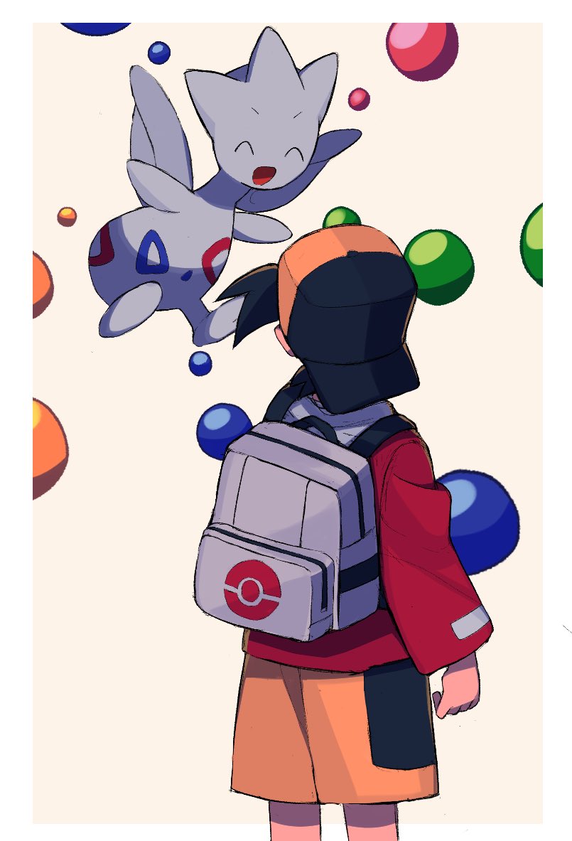 1boy backpack bag black_hair black_headwear border commentary_request ethan_(pokemon) grey_bag hat jacket long_sleeves male_focus poke_ball_print pokemon pokemon_(creature) pokemon_(game) pokemon_gsc red_jacket short_hair shorts togetic tyako_089 white_border yellow_shorts