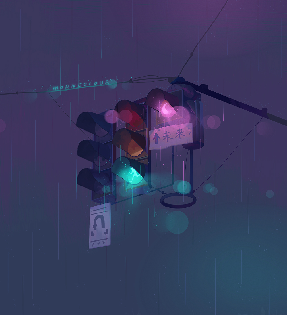 arrow_(symbol) artist_name crescent glowing lens_flare morncolour no_humans original rain road_sign sign traffic_light wire