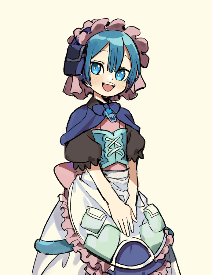 1boy :d apron back_bow bangs black_shirt blue_capelet blue_eyes blue_hair blunt_bangs blush bow capelet cowboy_shot frilled_apron frills hair_between_eyes hairband lace-up_top lolita_hairband long_skirt looking_at_viewer made_in_abyss maid_apron maid_headdress male_focus maruruk medu_(rubish) open_mouth otoko_no_ko puffy_short_sleeves puffy_sleeves shirt short_hair short_sleeves skirt smile solo teeth upper_teeth v_arms whistle whistle_around_neck white_skirt yellow_background