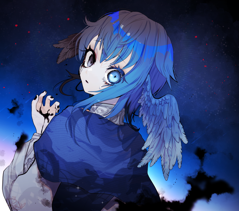 1girl bird_wings black_eyes black_nails black_tears blue_background blue_capelet blue_eyes blue_hair capelet commentary crying crying_with_eyes_open dripping feathered_wings final_fantasy final_fantasy_xiv from_behind fua_yuu gradient_hair hand_up head_wings heterochromia high_collar long_sleeves looking_at_viewer looking_back meteion multicolored_hair parted_lips ringed_eyes short_hair sky solo sparkle spoilers star_(sky) starry_sky tears upper_body wide-eyed wings