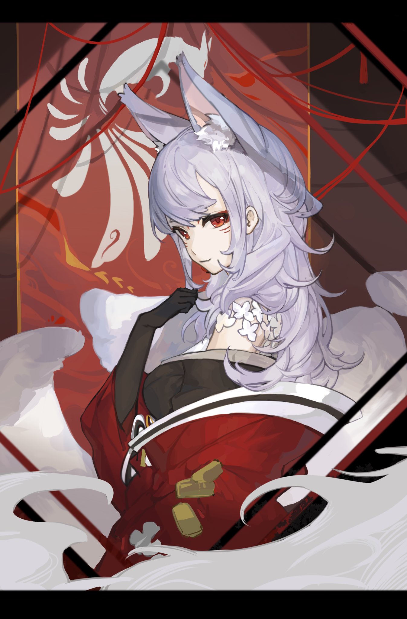 1girl animal_ears black_kimono curled_fingers extra_ears eyeshadow fox_ears fox_tail from_side grey_hair hand_up highres japanese_clothes kimono letterboxed long_hair looking_at_viewer looking_to_the_side makeup multiple_tails nijisanji nijisanji_en nina_kosaka off_shoulder red_background red_eyeliner red_eyes red_eyeshadow red_kimono solo tail umbra_zhuitaiyang upper_body virtual_youtuber