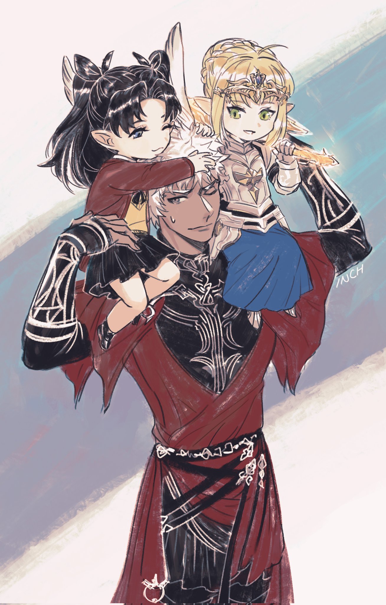 1boy 2girls adapted_costume ahoge animal_ears archer_(fate) armor artist_name artoria_pendragon_(fate) bangs belt black_hair blonde_hair blue_eyes crossover dark-skinned_male dark_skin fate/stay_night fate_(series) final_fantasy final_fantasy_xiv green_eyes grey_eyes hair_bun headgear highres holding holding_weapon inch2814 kemonomimi_mode lalafell looking_at_another multiple_girls one_eye_closed pointy_ears rabbit_ears saber sitting_on_shoulder size_difference skirt sweatdrop tohsaka_rin twintails viera weapon white_hair
