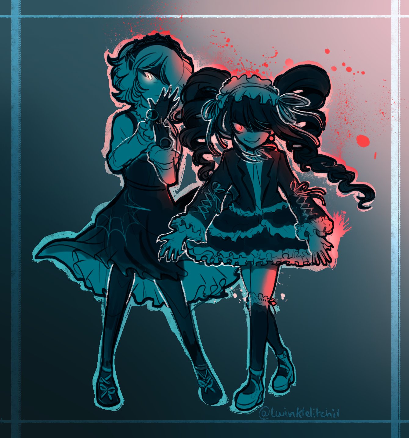 2girls bangs black_hair black_pantyhose black_thighhighs blonde_hair blood celestia_ludenberg danganronpa:_trigger_happy_havoc danganronpa_(series) danganronpa_v3:_killing_harmony dress drill_hair frilled_skirt frills gloves glowing glowing_eye gradient gradient_background green_eyes grey_background hair_ornament hair_over_one_eye highres jacket long_hair long_sleeves looking_at_viewer maid_headdress multiple_girls necktie pantyhose red_eyes shirt short_hair skirt smile thigh-highs toujou_kirumi twin_drills twinklelitchii twintails