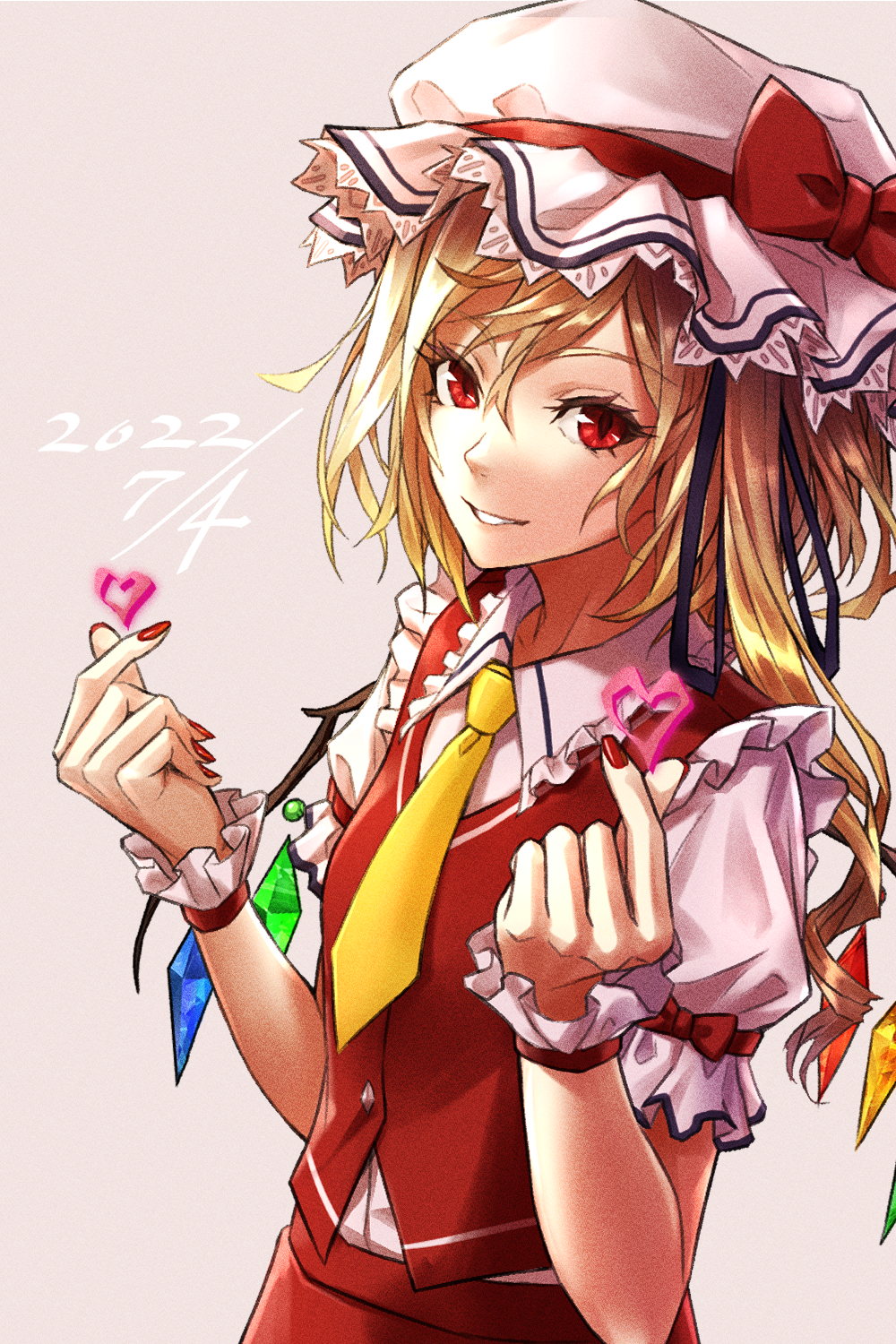 1girl adapted_costume black_ribbon blonde_hair breasts collared_shirt cowboy_shot crystal dated flandre_scarlet frilled_hat frilled_shirt_collar frilled_sleeves frills hair_between_eyes hat hat_ribbon highres looking_at_viewer medium_hair mob_cap multicolored_wings nail_polish necktie open_mouth puffy_short_sleeves puffy_sleeves r777668 red_eyes red_nails red_ribbon red_vest ribbon shirt short_sleeves simple_background small_breasts solo teeth touhou vest white_headwear white_shirt wings yellow_necktie