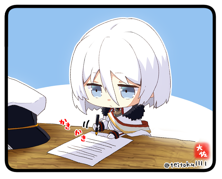 1girl azur_lane blue_eyes chibi hair_between_eyes hat hat_removed headwear_removed military military_uniform naval_uniform paper pen table taisa_(kari) tirpitz_(azur_lane) translated twitter_username uniform white_hair writing