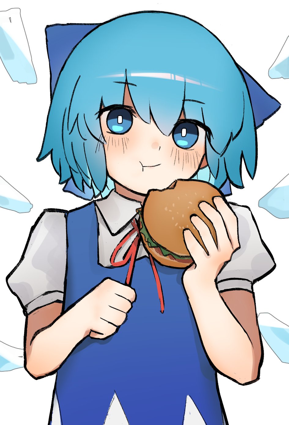 1girl blue_dress blue_eyes blue_hair burger cirno collared_shirt commentary dress eating english_commentary food highres holding holding_food ice ice_wings kpe934k0s282b2 looking_at_viewer puffy_short_sleeves puffy_sleeves shirt short_hair short_sleeves simple_background solo touhou upper_body white_background white_shirt wings