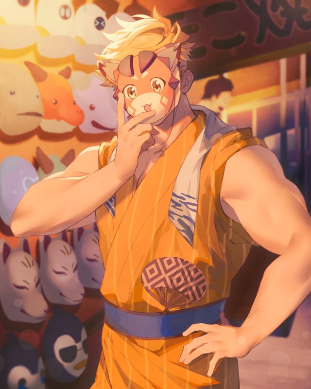 1boy bangs blonde_hair character_mask granblue_fantasy hand_on_hip higashigunkan holding holding_mask japanese_clothes kimono male_focus mask muscular muscular_male orange_kimono outdoors short_hair solo vane_(granblue_fantasy) vyrn_(granblue_fantasy)