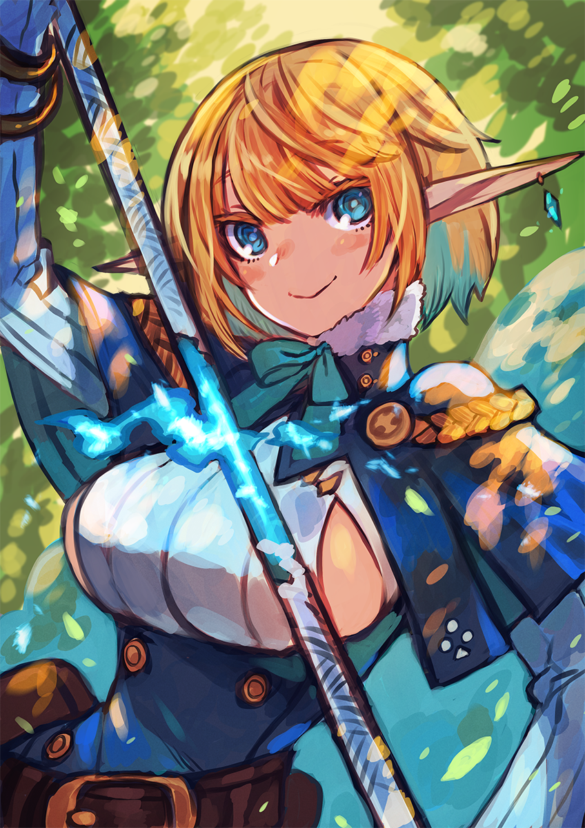 1girl aiguillette aqua_bow arm_up bangle bangs belt blonde_hair blue_capelet blue_eyes blue_pupils bob_cut bow bracelet breasts brown_belt buttons capelet closed_mouth colored_eyelashes earrings elf fur_collar highres jewelry large_breasts long_sleeves original pointy_ears ringed_eyes rumie single_earring smile solo staff turtleneck