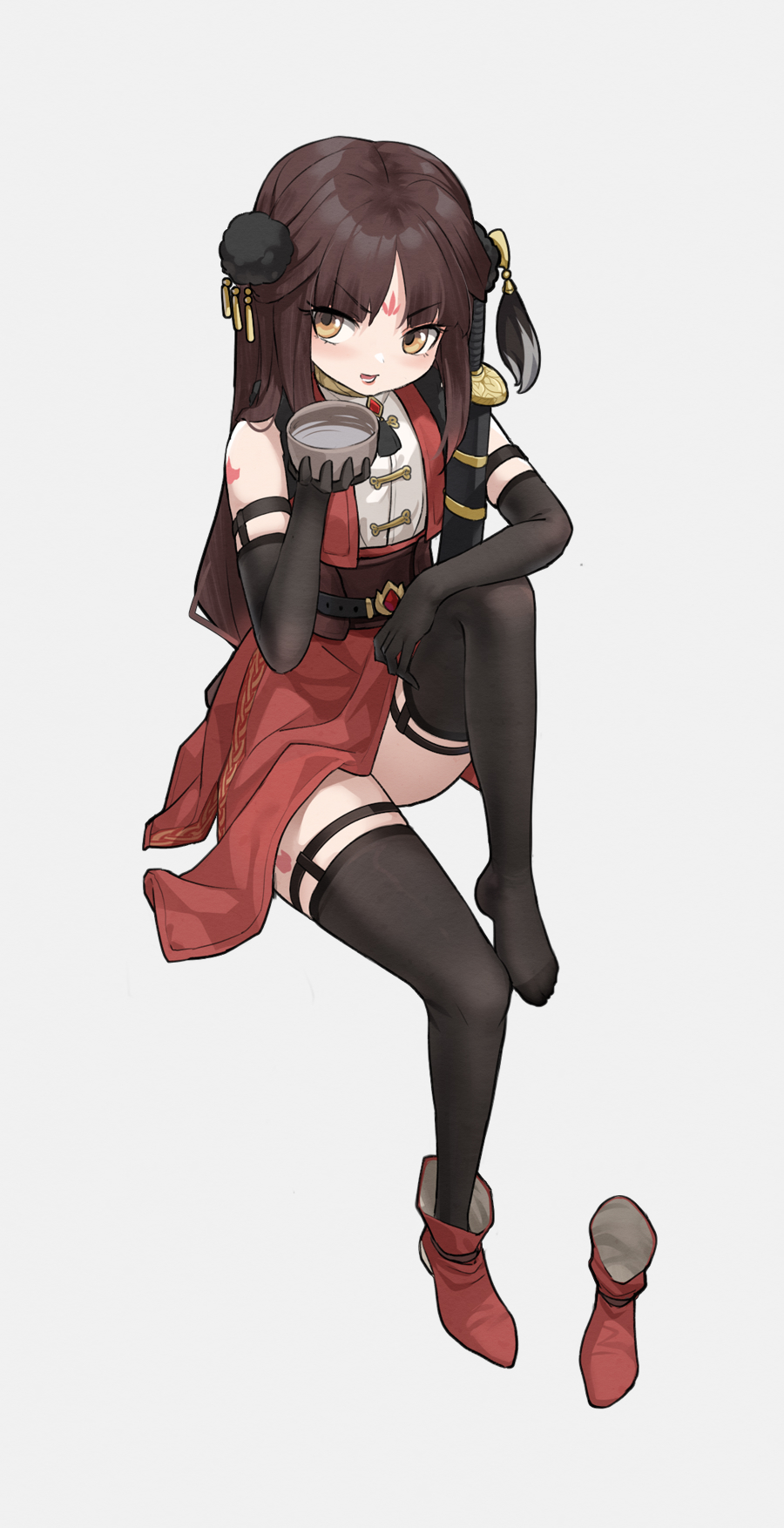 1girl bangs black_gloves boot_removed boots brown_eyes brown_hair elbow_gloves facial_mark forehead_mark full_body gloves grey_background hand_up highres holding knee_up long_hair original parted_bangs red_footwear red_skirt red_vest shirt simple_background single_boot sitting skirt sleeveless sleeveless_shirt solo thigh-highs too-ye v-shaped_eyebrows vest white_shirt