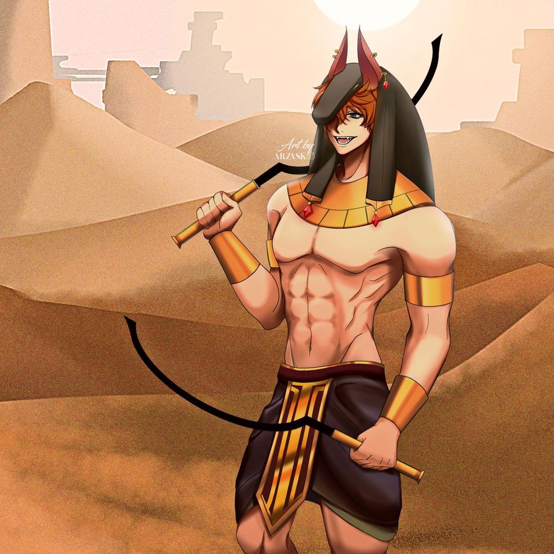 1boy abs animal_ears arzask blue_eyes desert egyptian_clothes genshin_impact hair_between_eyes holding jewelry male_focus muscular muscular_male navel orange_hair short_hair solo tartaglia_(genshin_impact)