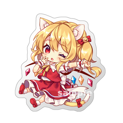 1girl ;o animal_ears bell blonde_hair bow cat_ears crystal flandre_scarlet full_body hair_bell hair_bow hair_ornament looking_at_viewer lowres mimi_(mimi_puru) one_eye_closed one_side_up red_bow red_eyes red_footwear red_skirt red_vest sample_watermark shirt skirt socks solo touhou vest white_shirt white_socks wings wrist_cuffs
