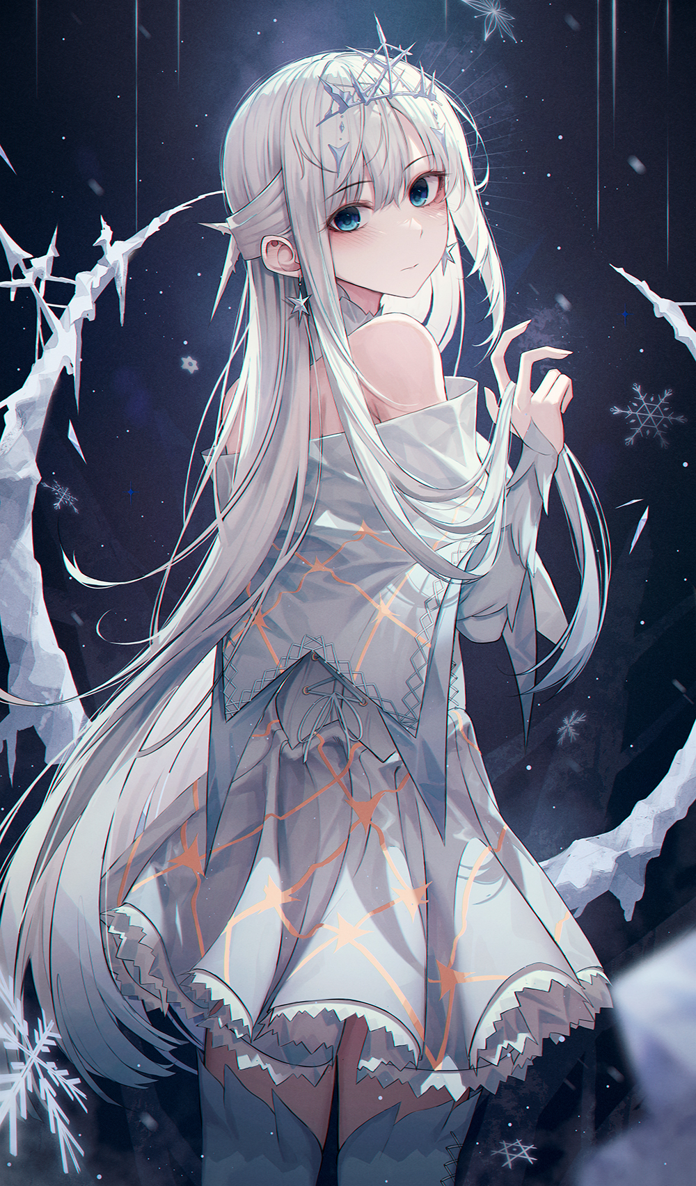 1girl blue_eyes crescent darang dress grimlight highres ice looking_at_viewer looking_back off-shoulder_dress off_shoulder snow snowflakes snowing solo thigh-highs tiara white_hair winter_queen_(grimlight)