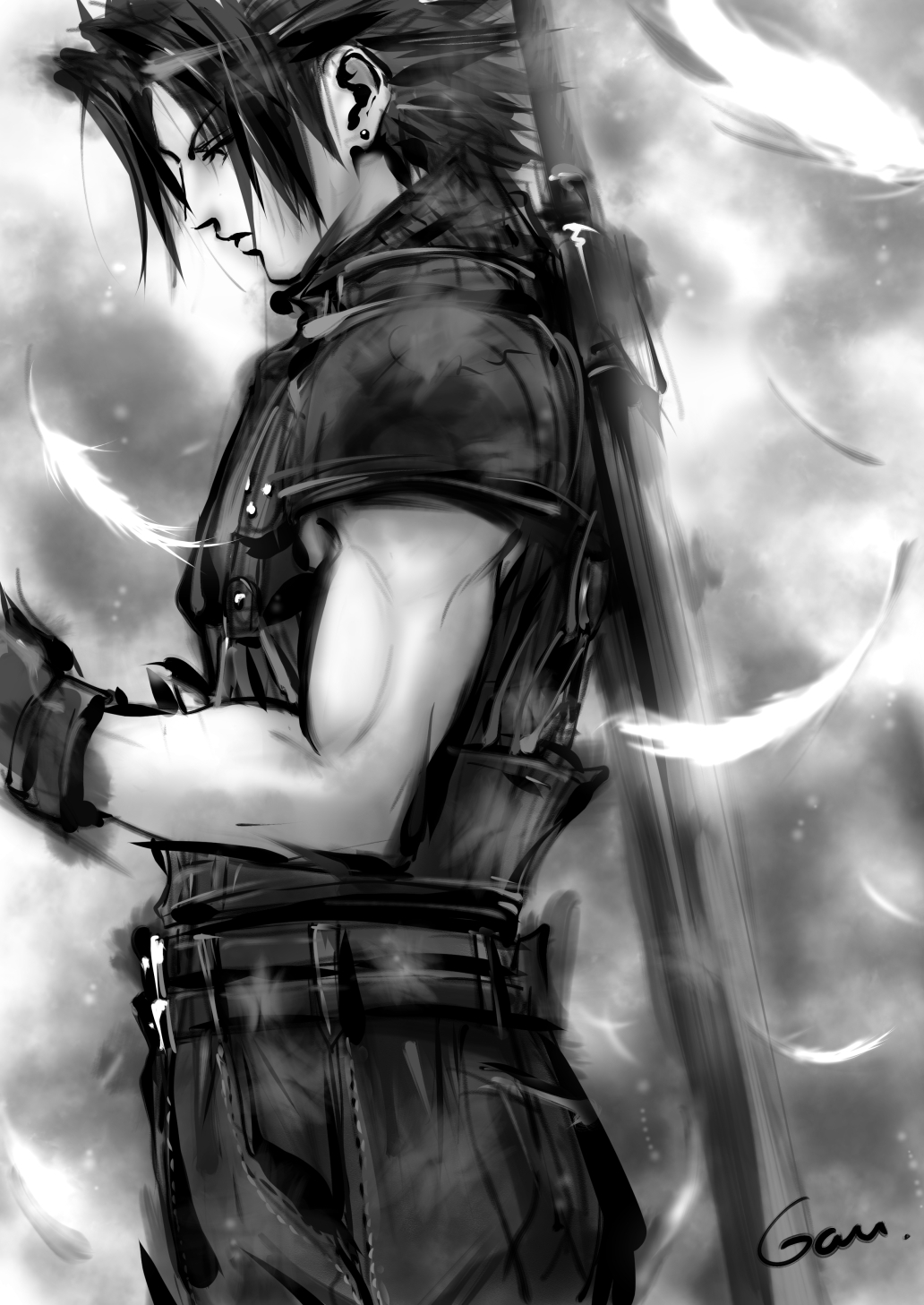 1boy armor belt black_hair cowboy_shot crisis_core_final_fantasy_vii earrings falling_feathers final_fantasy final_fantasy_vii gaura_(wildxbabe) gloves greyscale highres jewelry looking_down male_focus monochrome multiple_belts muscular muscular_male profile short_hair shoulder_armor sideburns single_earring sleeveless sleeveless_turtleneck solo spiky_hair suspenders sword turtleneck weapon weapon_on_back zack_fair