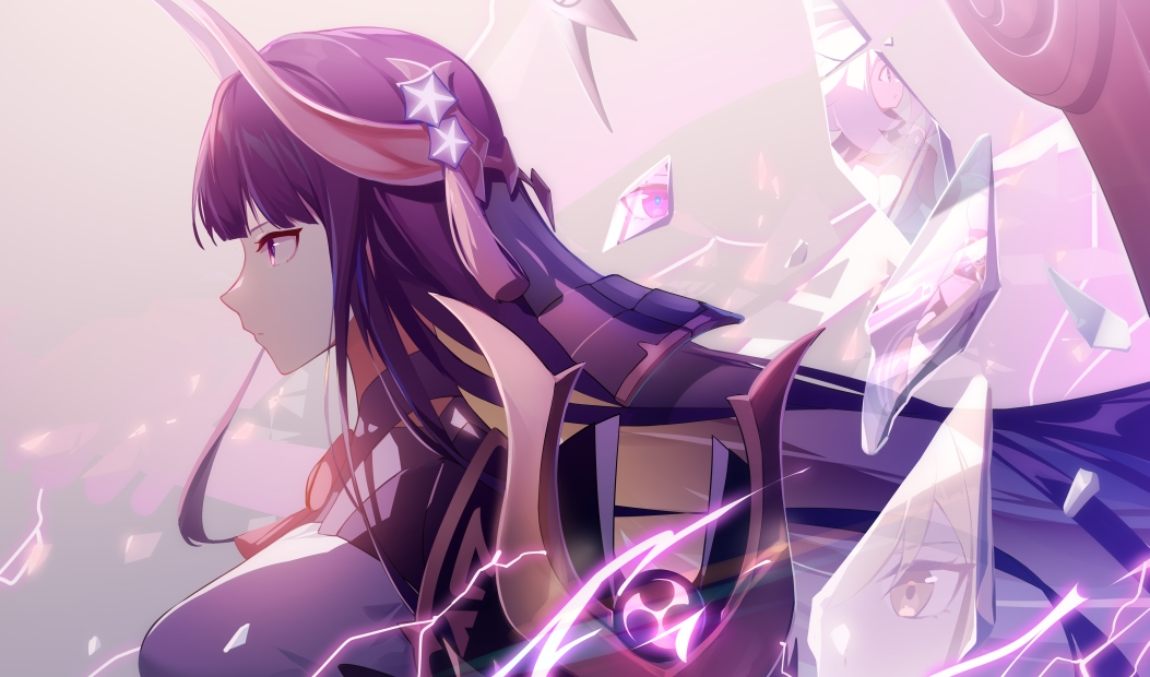 1girl armor bangs blunt_bangs closed_mouth commentary electricity expressionless eyelashes fake_horns floating_hair flower genshin_impact hair_flower hair_ornament helmet horned_headwear horns japanese_armor long_hair looking_away lumine_(genshin_impact) paimon_(genshin_impact) profile purple_flower purple_hair raiden_shogun shards shoulder_armor sidelocks solo tassel upper_body very_long_hair violet_eyes wawako_mama