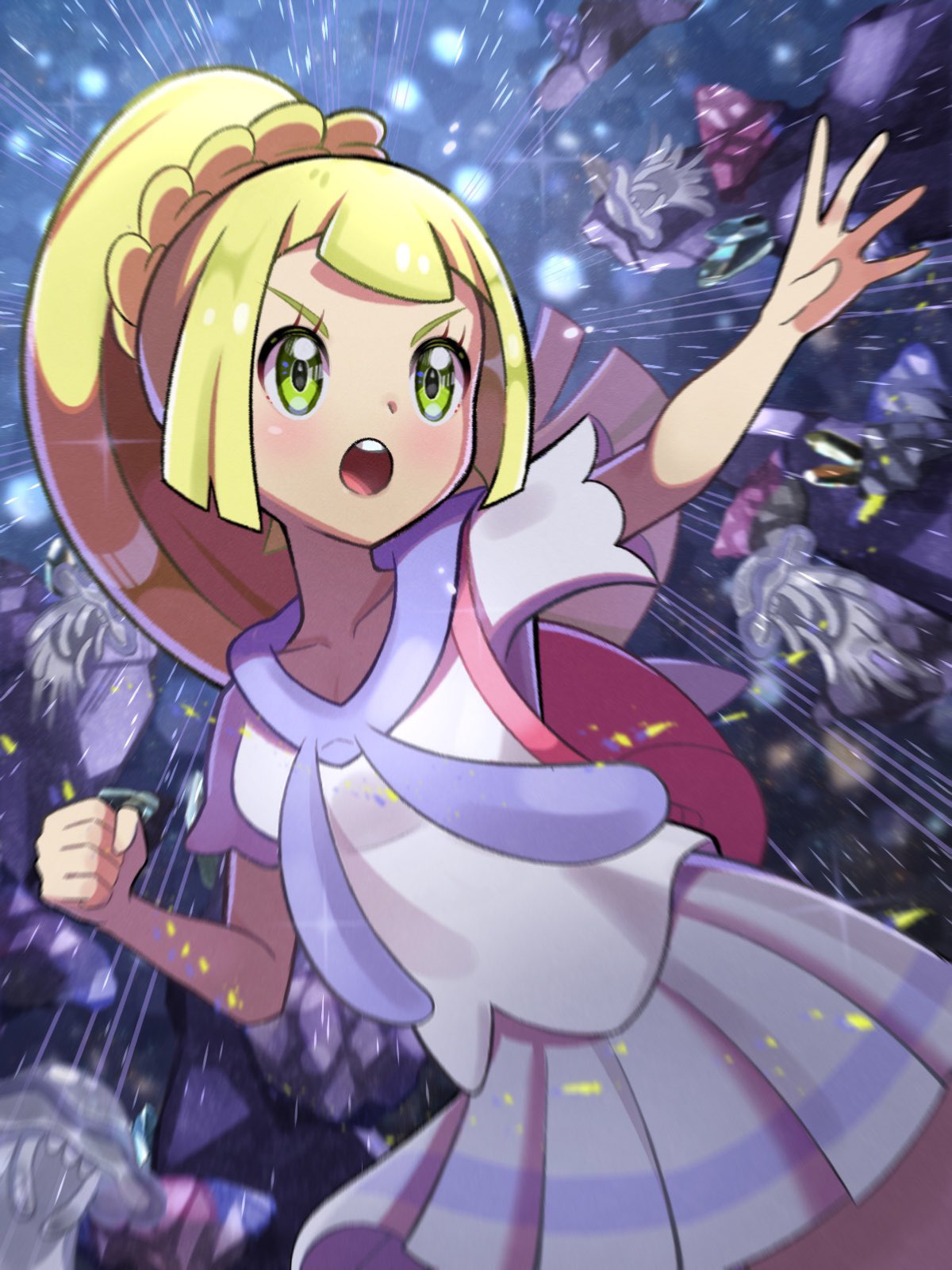 1girl :o blonde_hair clenched_hand collarbone floating green_eyes highres inana_umi lillie_(pokemon) nihilego open_mouth outstretched_arm pokemon pokemon_(game) pokemon_sm ponytail shirt skirt tentacles ultra_beast v-shaped_eyebrows white_shirt white_skirt