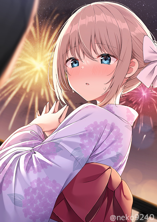 1girl blue_eyes blurry blurry_background blush bow fireworks floral_print hair_bow japanese_clothes kimono light_brown_hair looking_at_viewer looking_back nekokobushi open_mouth original own_hands_together pink_kimono solo summer_festival sweatdrop twitter_username white_bow yukata