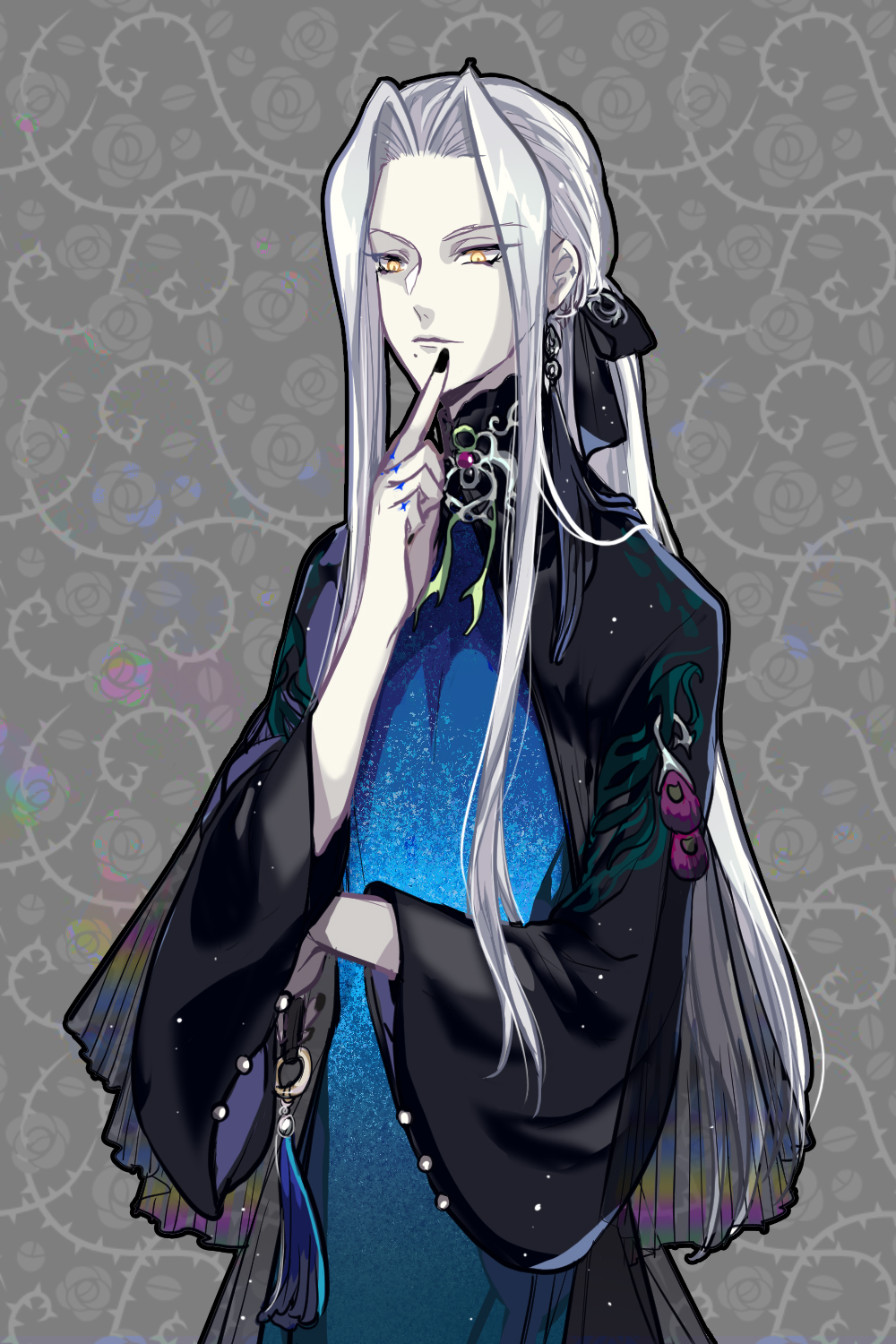 1boy black_nails black_ribbon brooch chinese_clothes closed_mouth earrings floral_background forever_7th_capital grey_background hair_ribbon hand_up highres index_finger_raised iscario_(forever_7th_capital) jewelry kkaiju_(lofter) long_hair long_sleeves looking_at_viewer low_ponytail male_focus mole mole_under_mouth o-ring peacock_feathers ponytail rainbow_order ribbon see-through solo tassel thorns upper_body white_hair wide_sleeves yellow_eyes