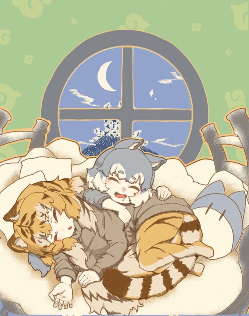 2girls animal_costume animal_ear_fluff animal_ears animal_print bed closed_eyes dog_(mixed_breed)_(kemono_friends) dog_ears dog_girl dog_tail fuzimiinuyamada grey_hair kemono_friends long_hair lucky_beast_(kemono_friends) moon multiple_girls night open_mouth orange_hair shirt short_hair siberian_tiger_(kemono_friends) sleeping tail tiger_costume tiger_ears tiger_girl tiger_print tiger_tail