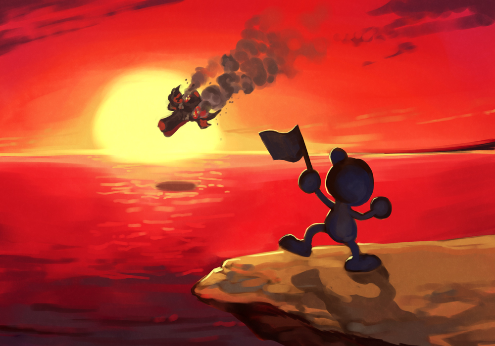 black_skin cliff colored_skin flag full_body game_&amp;_watch hankuri holding holding_flag horizon kirby_(series) kirby_super_star mr._game_&amp;_watch nintendo ocean outdoors parody red_sky sky solo standing standing_on_one_leg sun sunset super_smash_bros.