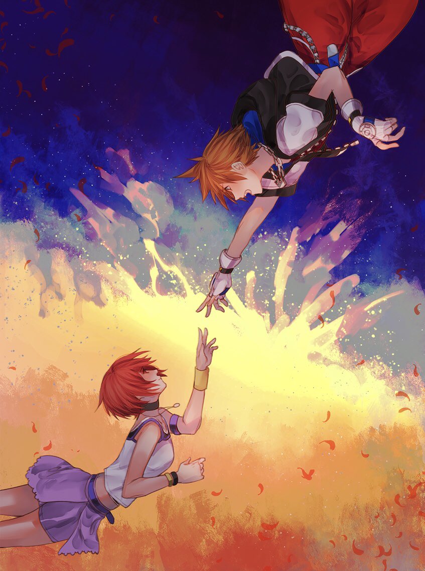 1boy 1girl armband bare_shoulders belt breasts brown_hair chain_necklace choker couple cowboy_shot falling_petals fingerless_gloves gloves hair_between_eyes hood hood_down hooded_jacket jacket jewelry kairi_(kingdom_hearts) kingdom_hearts medium_breasts multicolored_background necklace open_mouth outstretched_hand petals purple_skirt reaching_out red_shorts redhead sera_(serappi) shirt short_hair short_sleeves shorts shorts_under_skirt skirt sleeveless sleeveless_shirt sora_(kingdom_hearts) spiky_hair white_gloves white_shirt wristband