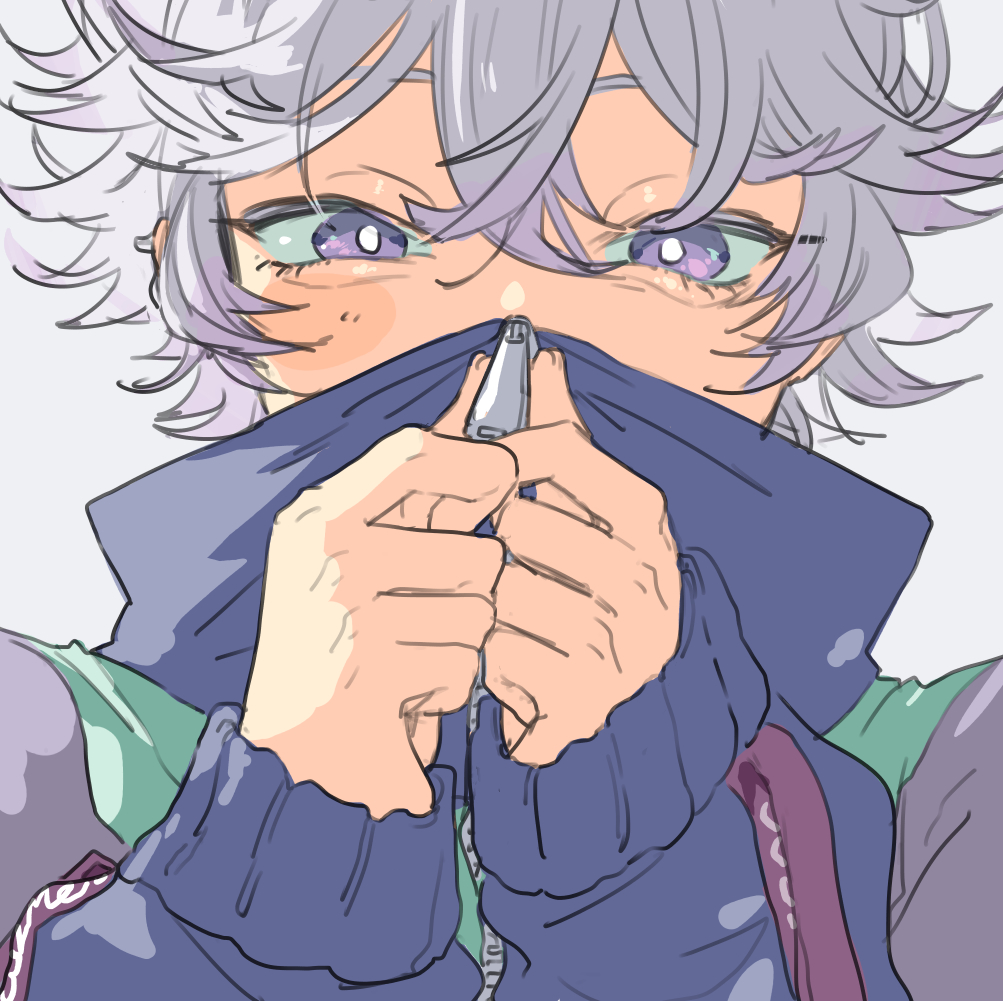 1boy covered_mouth long_sleeves looking_at_viewer male_focus multicolored_clothes paradox_live purple_hair shirota69 short_hair sketch solo sweatshirt violet_eyes white_background yatonokami_nayuta zipper