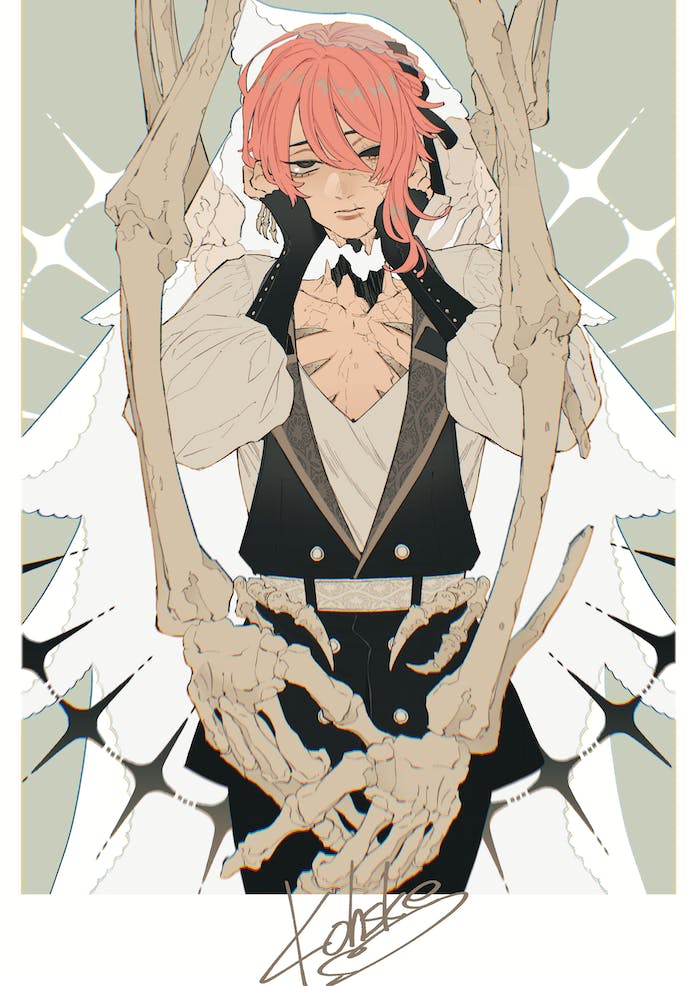 1boy closed_mouth colored_sclera commission grey_background grey_eyes head_rest heterochromia ko_suke long_sleeves looking_at_viewer multicolored_background original pink_hair short_hair skeb_commission skeletal_wings solo white_background wings