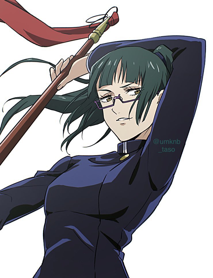 1girl arm_behind_head bangs black_jacket blunt_bangs breasts brown_hair glasses green_hair high_collar holding holding_polearm holding_weapon jacket jujutsu_kaisen long_hair medium_breasts parted_lips polearm ponytail smile solo taso_(harutsukimikan) twitter_username upper_body weapon white_background zen'in_maki