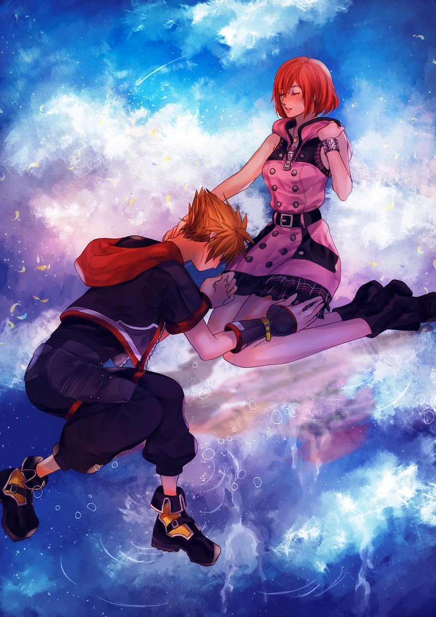 1boy 1girl belt black_footwear black_jacket black_pants blush boots breasts brown_hair buttons closed_eyes clouds cloudy_sky couple dress hair_between_eyes hand_on_another's_neck highres hood hood_down hooded_dress hooded_jacket jacket kairi_(kingdom_hearts) kingdom_hearts kingdom_hearts_iii kneeling medium_breasts pants parted_lips pink_dress plaid pleated_dress red_eyes red_hood ripples sera_(serappi) short_dress short_hair sky sleeveless sleeveless_dress sora_(kingdom_hearts) spiky_hair wristband