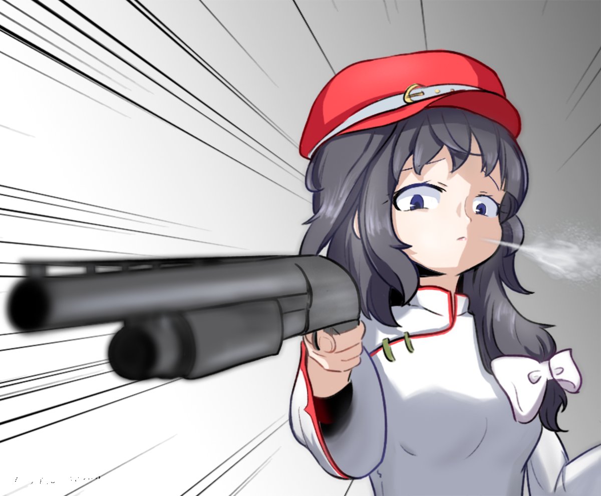 1girl bangs blowing_smoke blue_eyes bow breasts cabbie_hat commentary_request flat_cap grey_hair gun hair_bow hat holding holding_weapon label_girl_(dipp) long_sleeves mandarin_collar medium_breasts medium_hair red_headwear shotgun side_ponytail solo subterranorm touhou upper_body vest weapon white_bow white_vest wide_sleeves