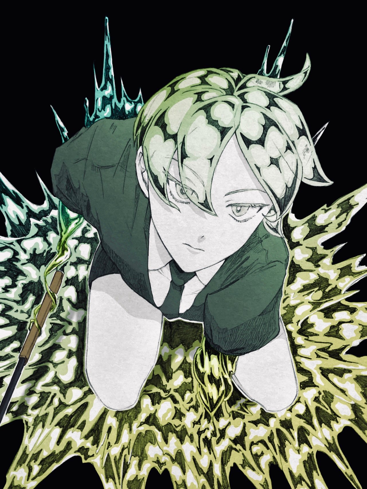 1other androgynous black_background closed_mouth crystal_hair eyes_visible_through_hair fighting_stance from_above frown full_body gem_uniform_(houseki_no_kuni) golden_arms gradient green_hair grey_eyes hair_over_one_eye highres holding holding_sword holding_weapon houseki_no_kuni kneeling liquid looking_at_viewer mt5_014 necktie other_focus phosphophyllite short_sleeves simple_background solo sword traditional_media translucent_hair weapon