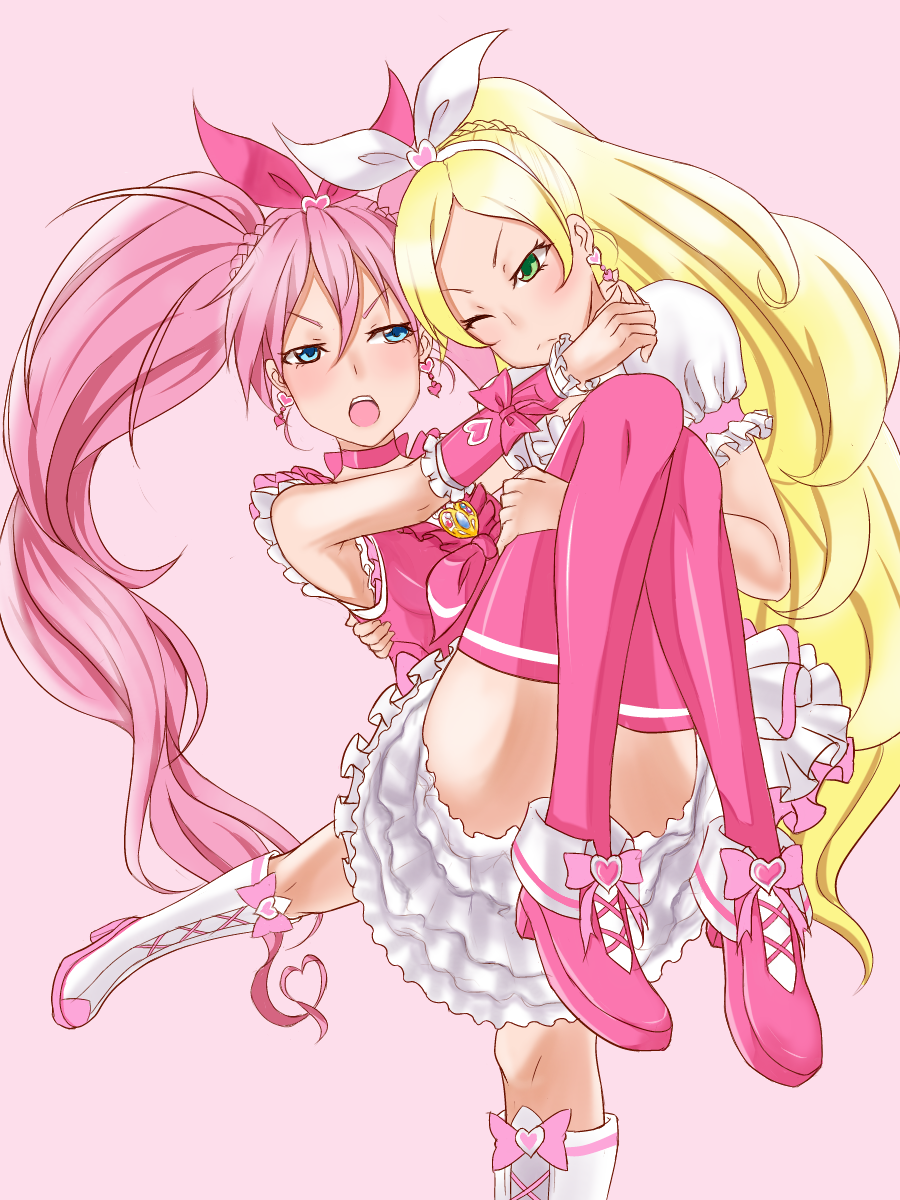 alliot9 boots carrying cure_melody cure_rhythm highres pink_background precure princess_carry ribbon_on_head suite_precure